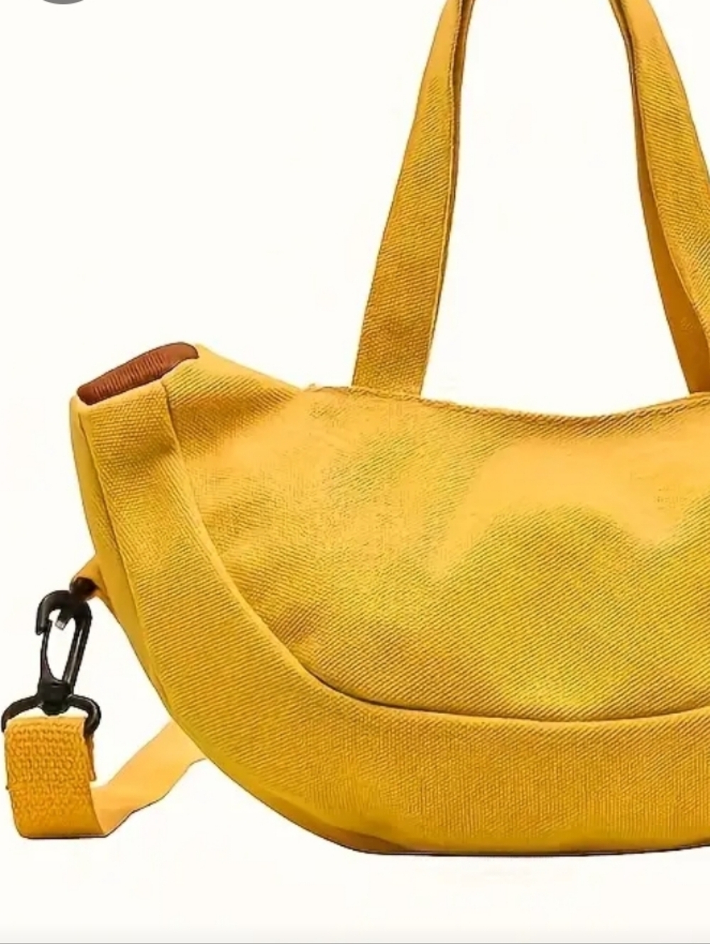 Yellow Banana Crossbody Canvas Crescent Tote Bag with Smiley Accent - Picture 3 of 9